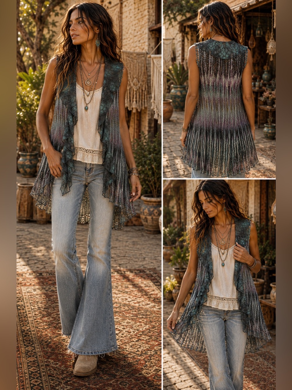 Alberto Makali Open Front Layering Cover Up L Waterfall Drape Boho Textured